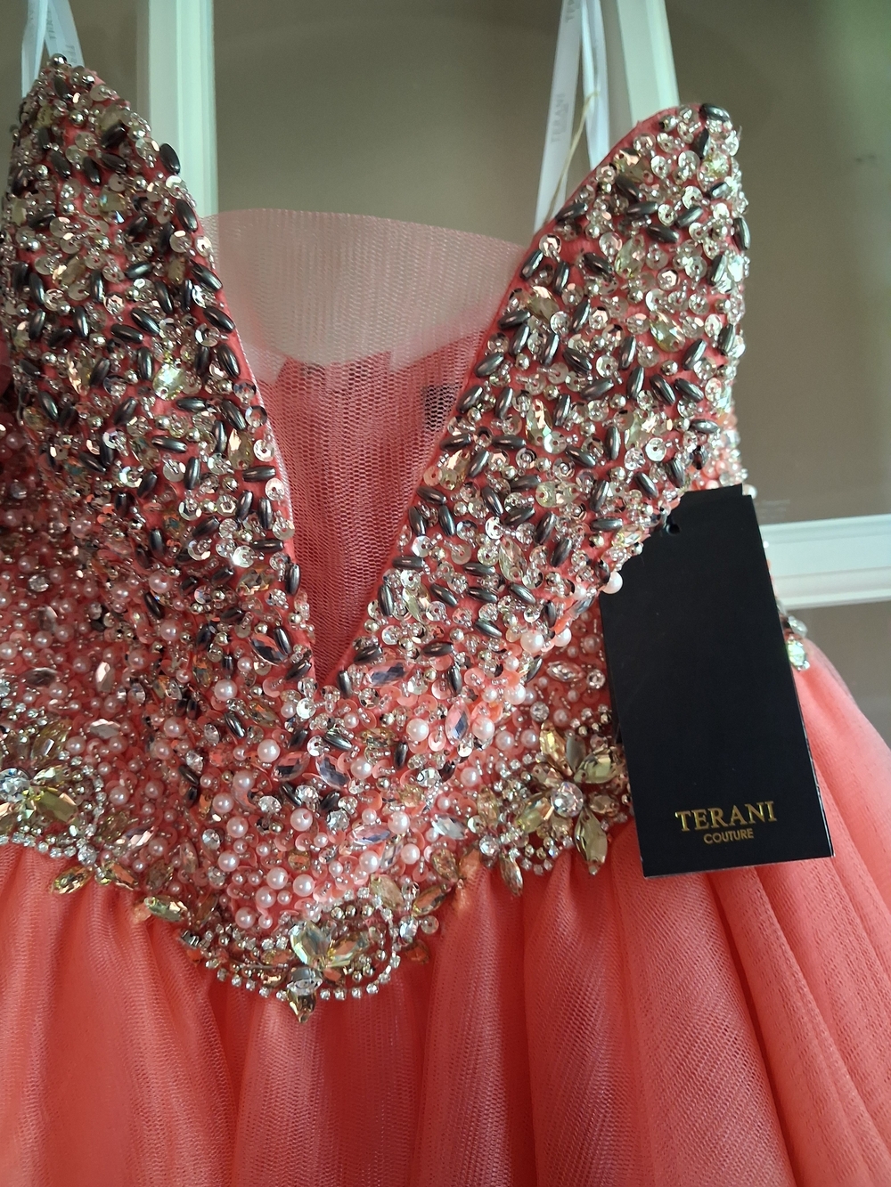 Terani Couture Coral Strapless Beaded Tulle Gown